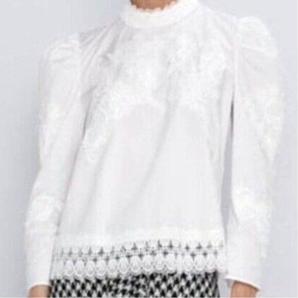 Zara Combined Poplin Cotton Blouse Top Puff Sleeve Crochet Lace Mock Neck XS - Picture 1 of 12